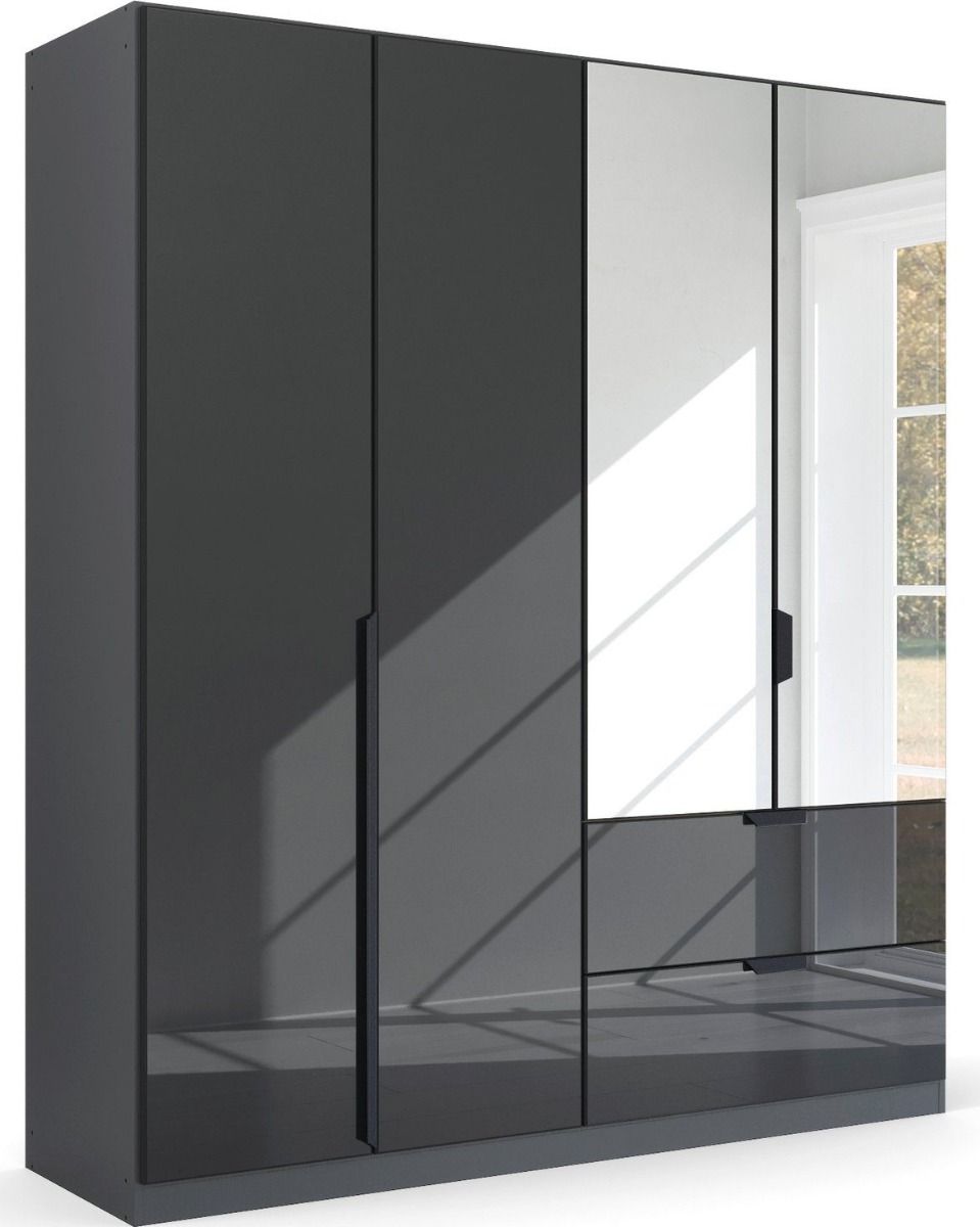 Oakwood Rauch Basalt Glass With Mirror Modern Quadra Spin 4 Door Combi 181CM Wardrobe