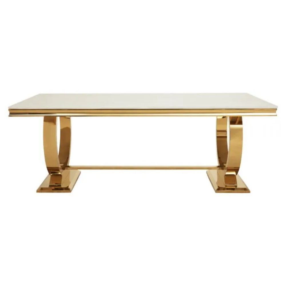 Oakwood Arianna 1.8M Gold Dining Table With 8 Lion Knocker back Dining Chairs