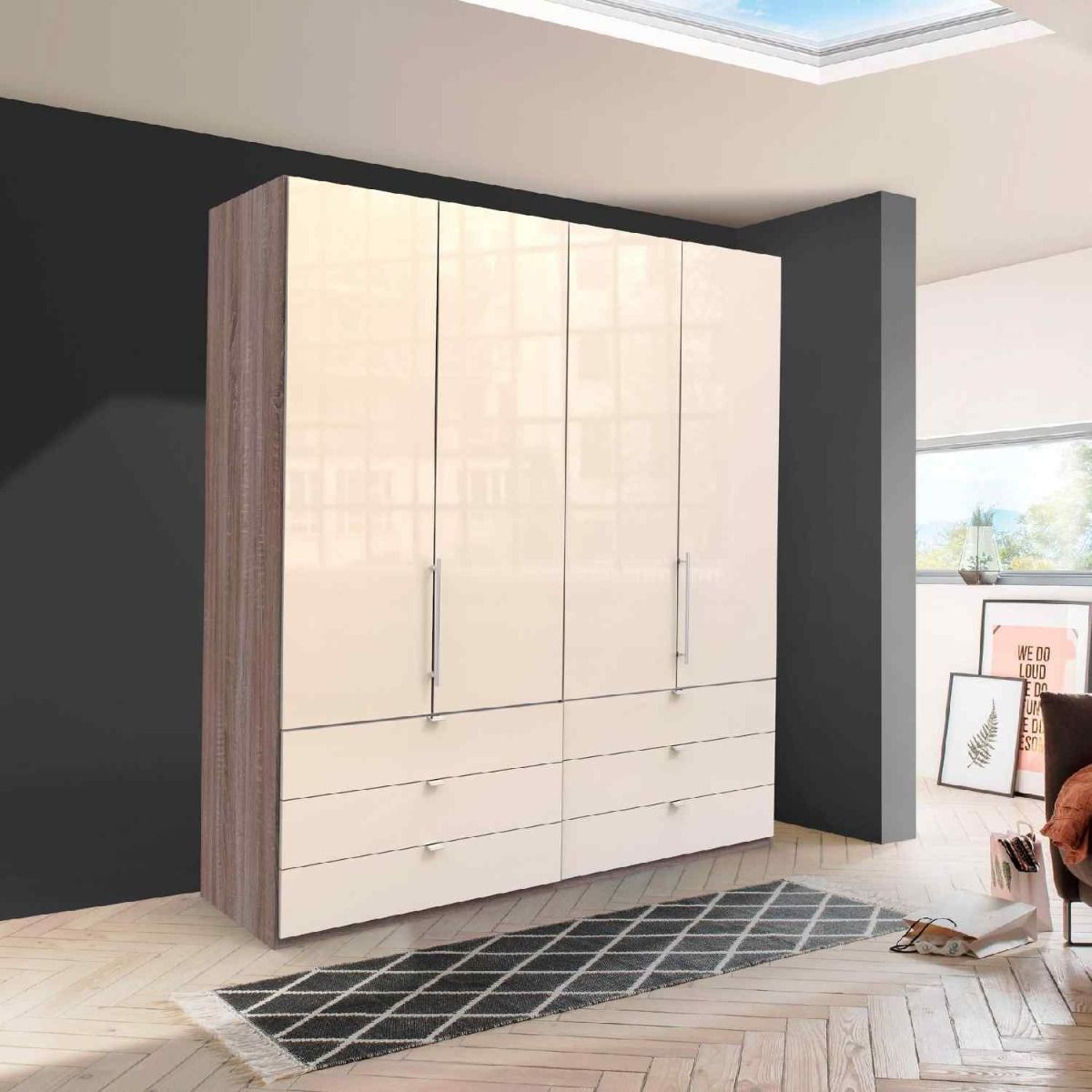 Oakwood Wiemann Loft Magnolia Glass Front 200CM Bi-Folding Doors Wardrobe With Drawers