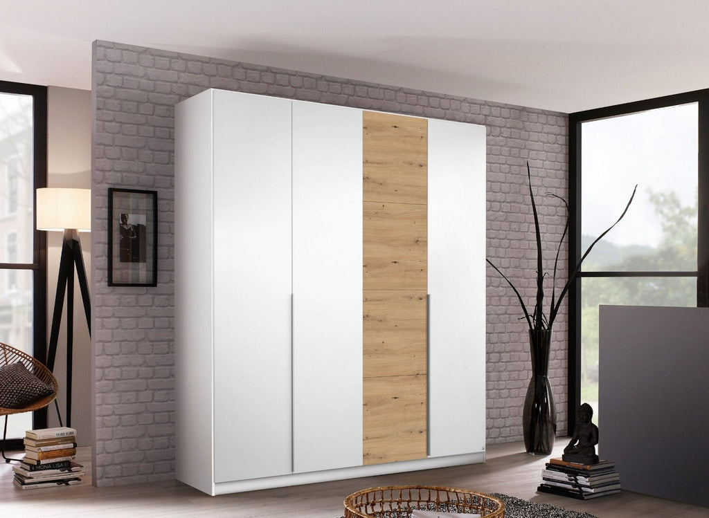 Oakwood Rauch Bellezza High Gloss White and Artisan Oak 4 Door Hinged wardrobe