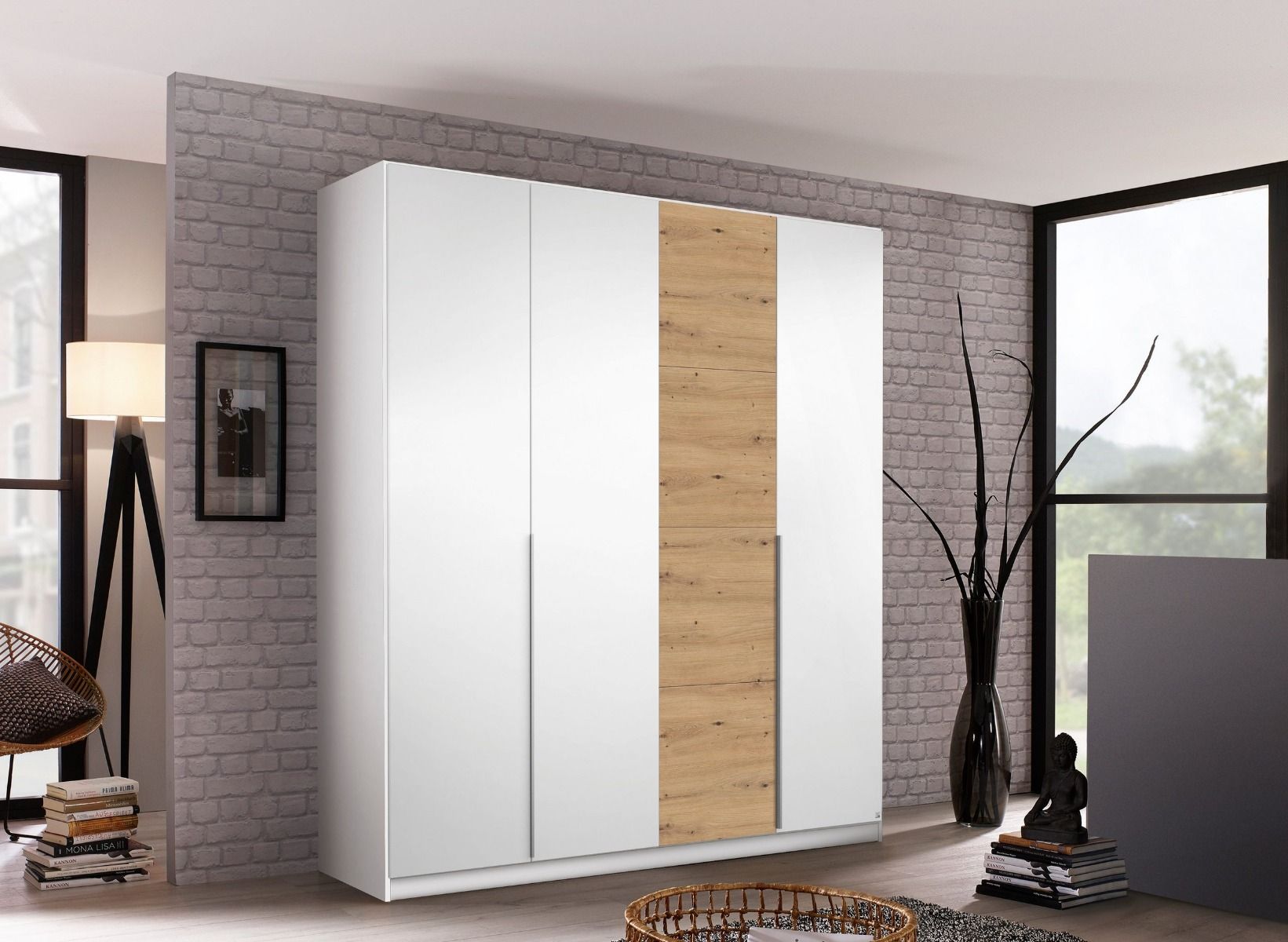 Oakwood Rauch Bellezza High Gloss White and Artisan Oak 4 Door Hinged wardrobe