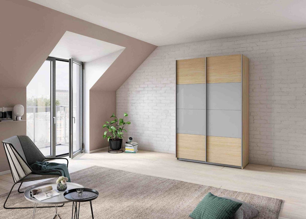 Oakwood Rauch Quadra Sonoma Oak With Silk Grey Glass 2 Gliding Door Wardrobe