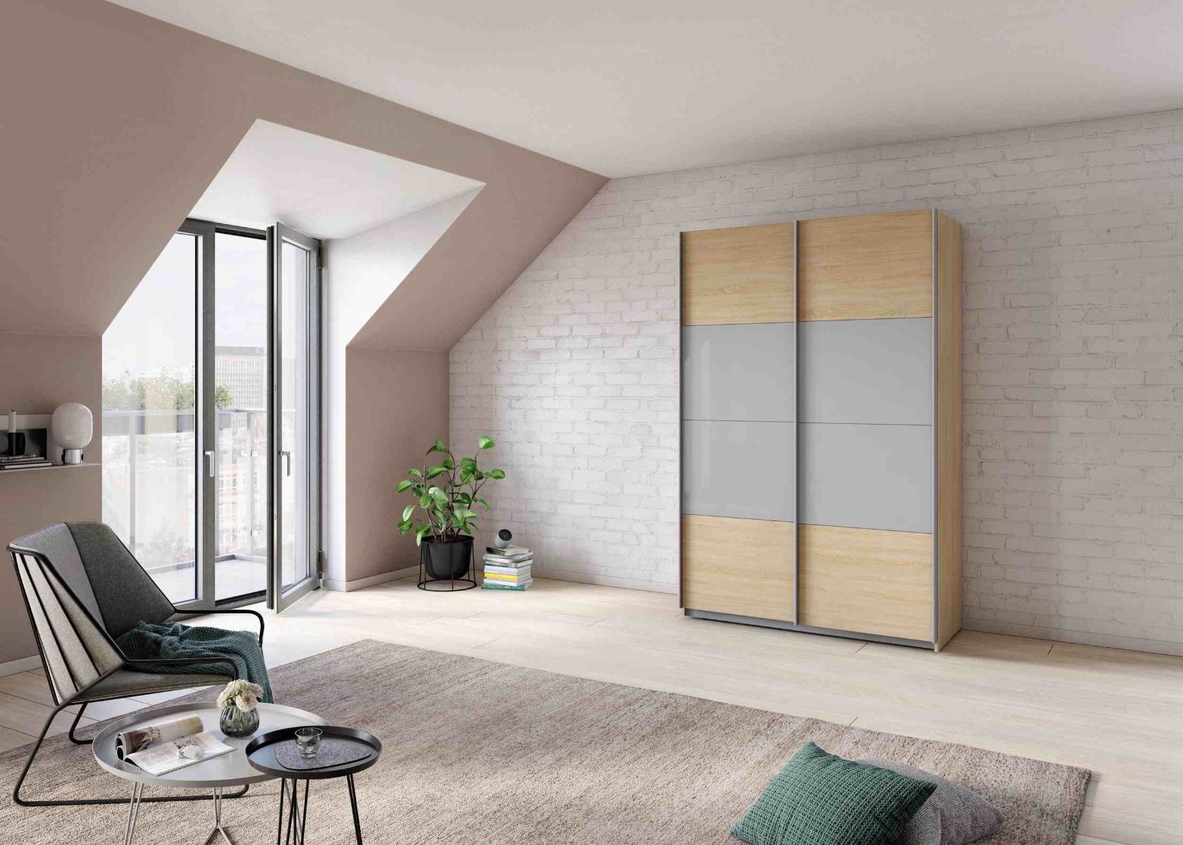 Oakwood Rauch Quadra Sonoma Oak With Silk Grey Glass 2 Gliding Door Wardrobe