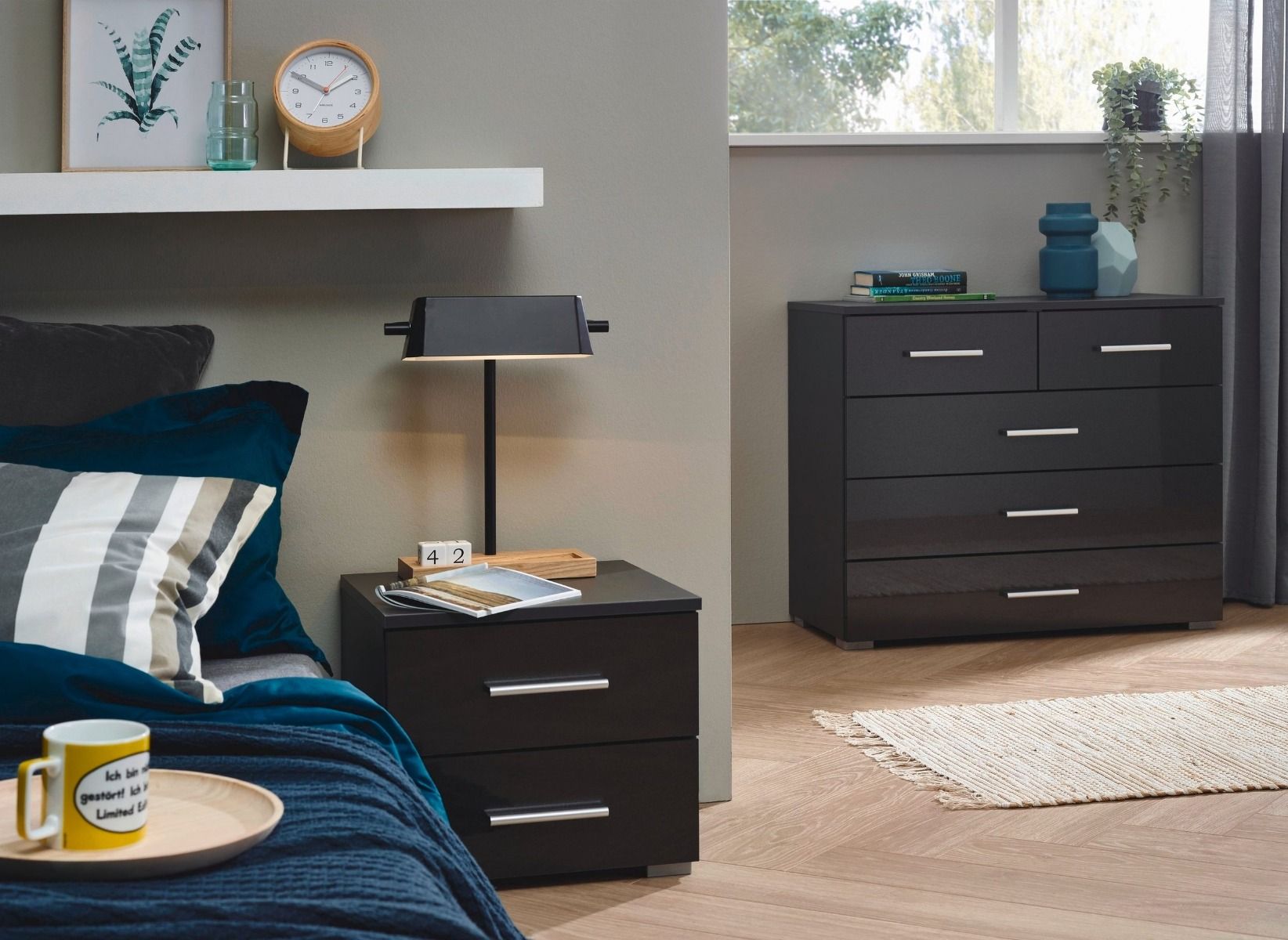 Oakwood Rauch Base 2 Drawer Metallic Grey Bedside Cabinet