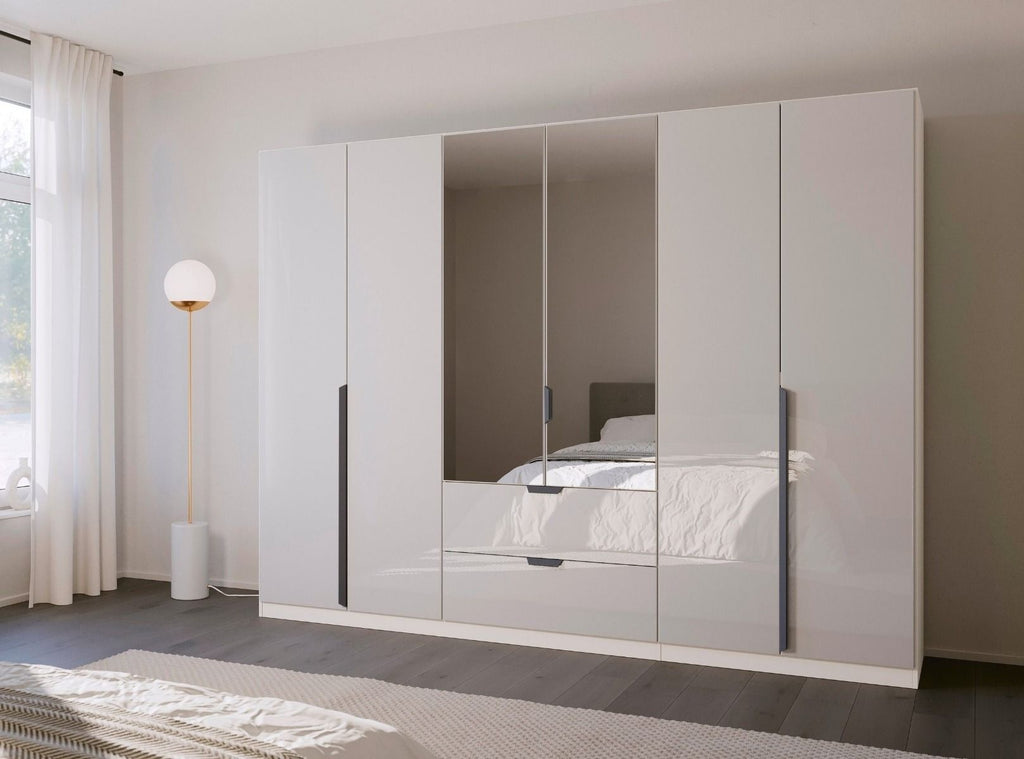 Oakwood Rauch White Glass With Mirror Modern Quadra Spin 6 Door Combi 271CM Wardrobe