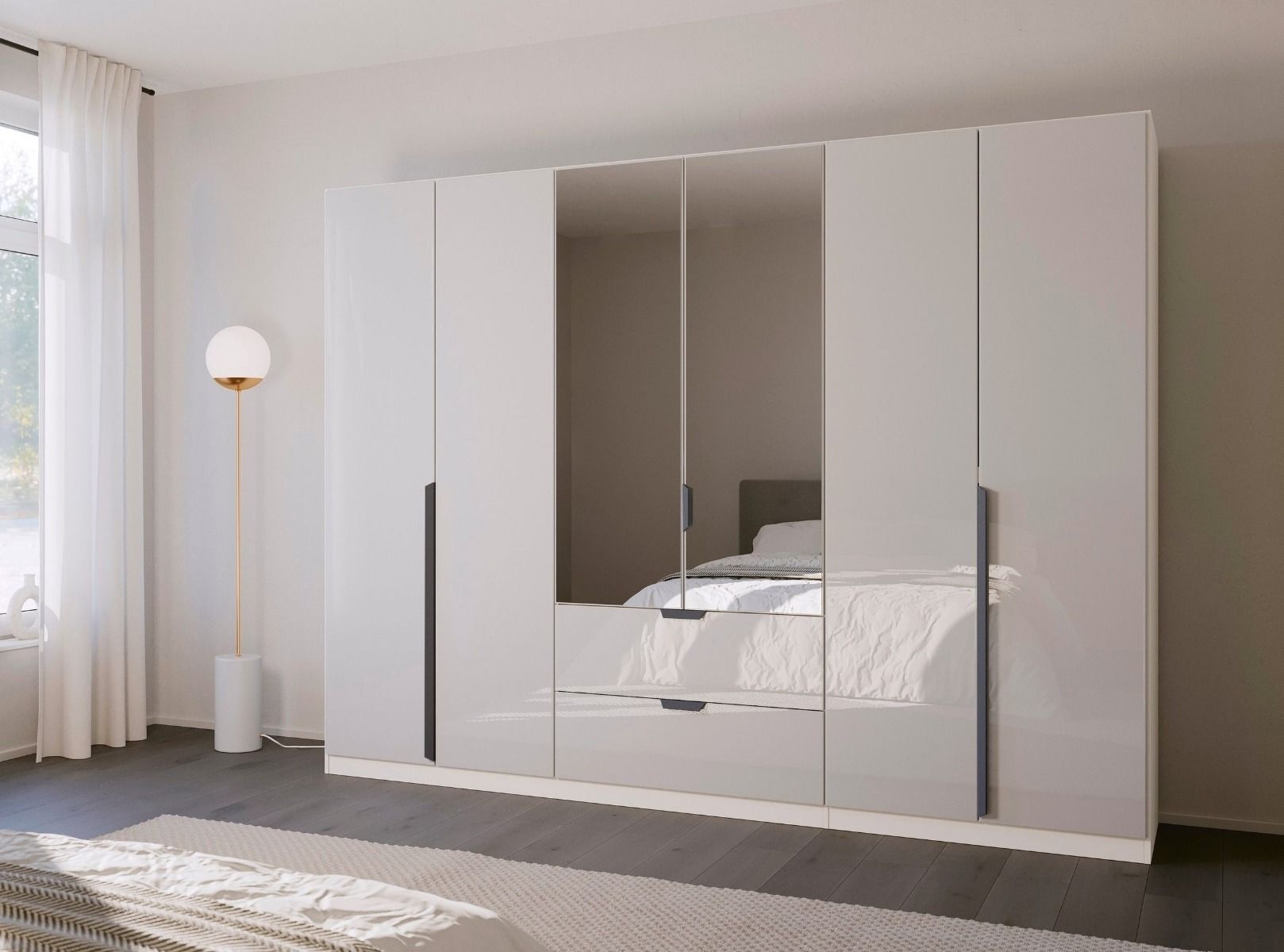 Oakwood Rauch White Glass With Mirror Modern Quadra Spin 6 Door Combi 271CM Wardrobe