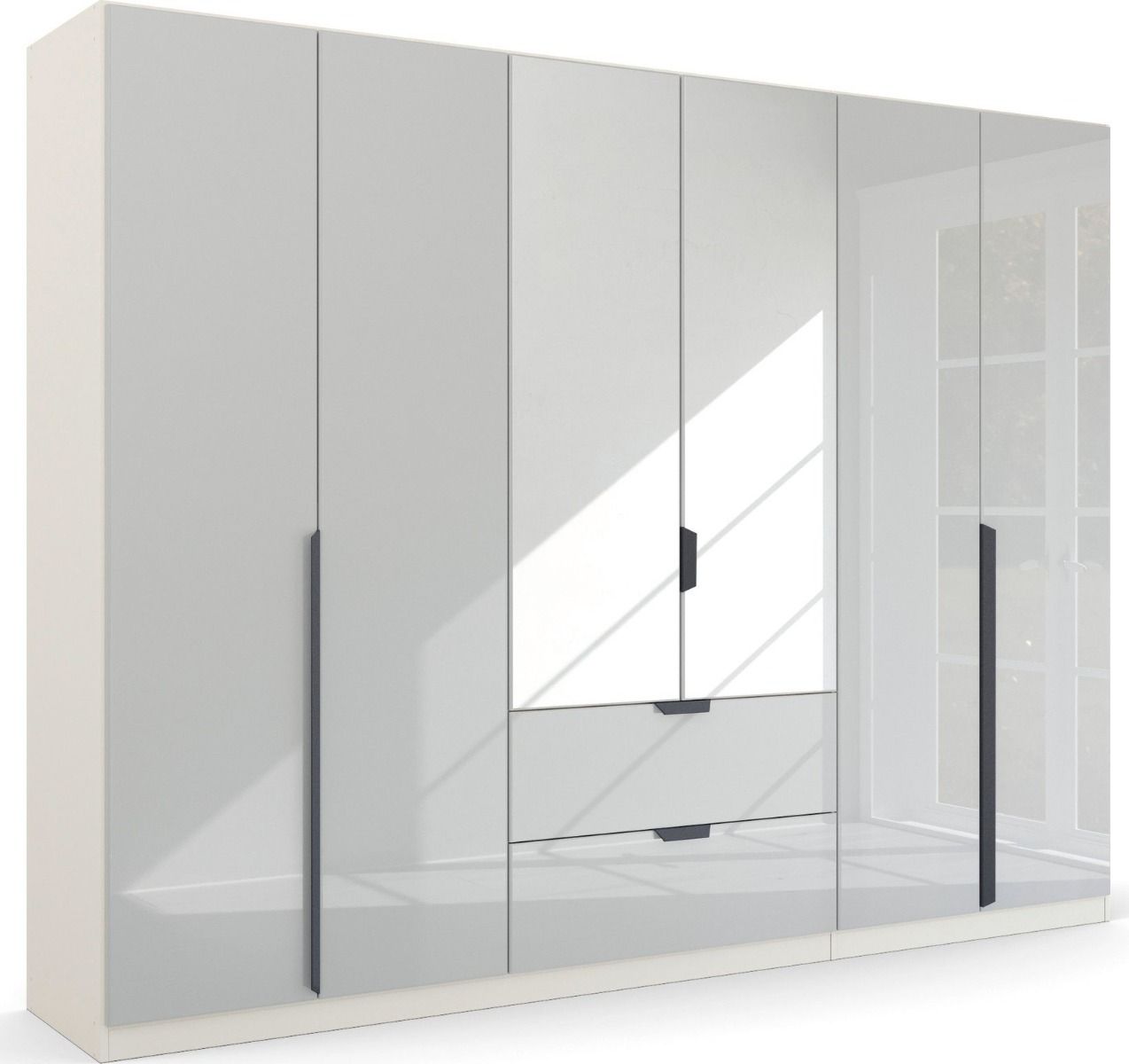 Oakwood Rauch White Glass With Mirror Modern Quadra Spin 6 Door Combi 271CM Wardrobe