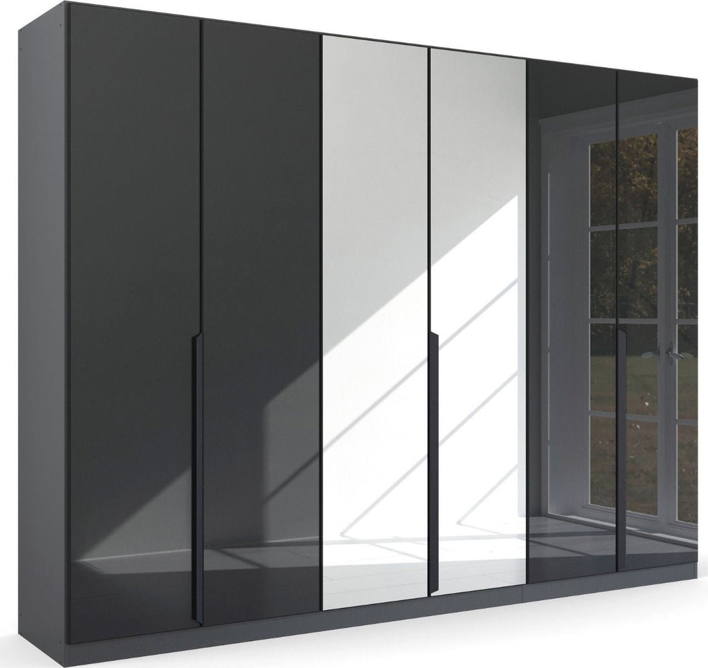 Oakwood Rauch Basalt Glass With Mirror Modern Quadra Spin 6 Door Hinged 271CM Wardrobe