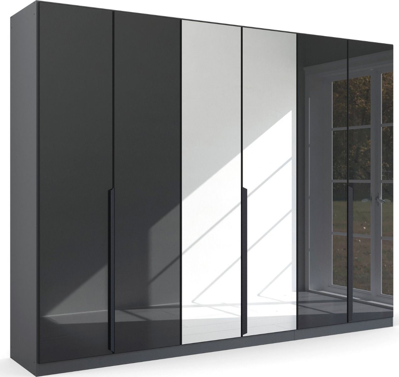 Oakwood Rauch Basalt Glass With Mirror Modern Quadra Spin 6 Door Hinged 271CM Wardrobe