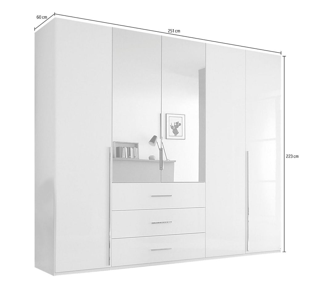 Oakwood Rauch Montclar 5 Door Hinged Combi High Gloss White Wardrobe with Premium Interior