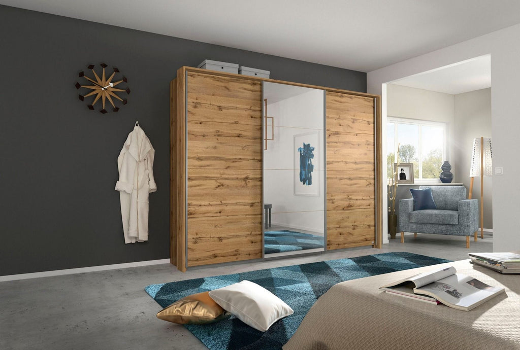 Oakwood Rauch Quadra 3 Sliding Door Wardrobe With Sonoma Oak and Mirror Front