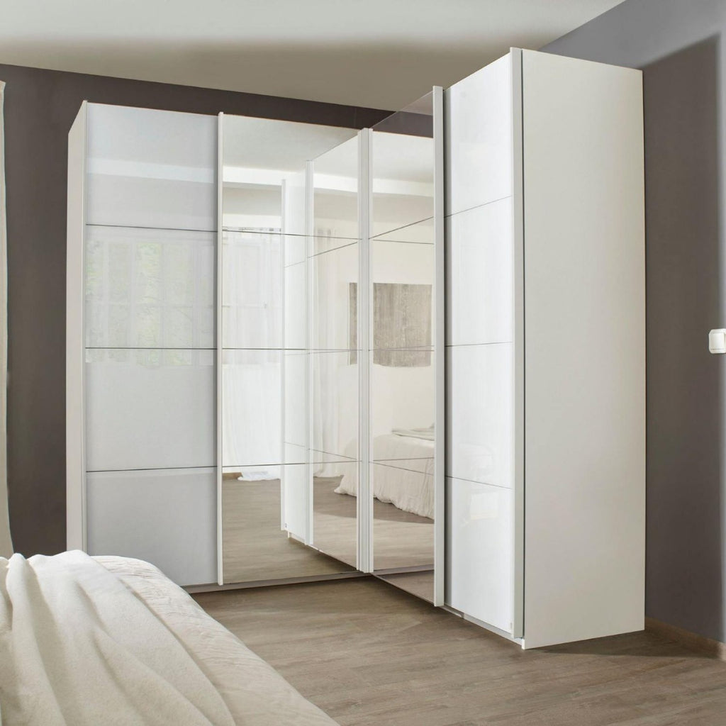 Oakwood Rauch Luma 181cm 4 Door Corner Sliding Wardrobe with 2 Glass Doors and 2 Mirror Doors