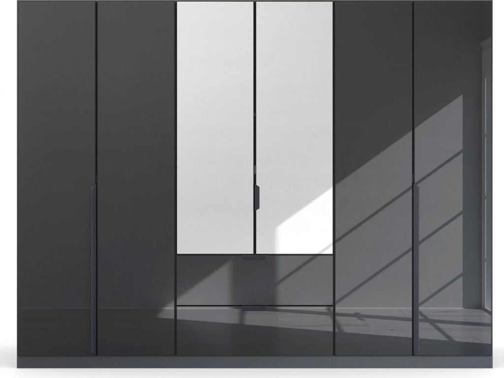 Oakwood Rauch Basalt Glass With Mirror Modern Quadra Spin 6 Door Combi 271CM Wardrobe