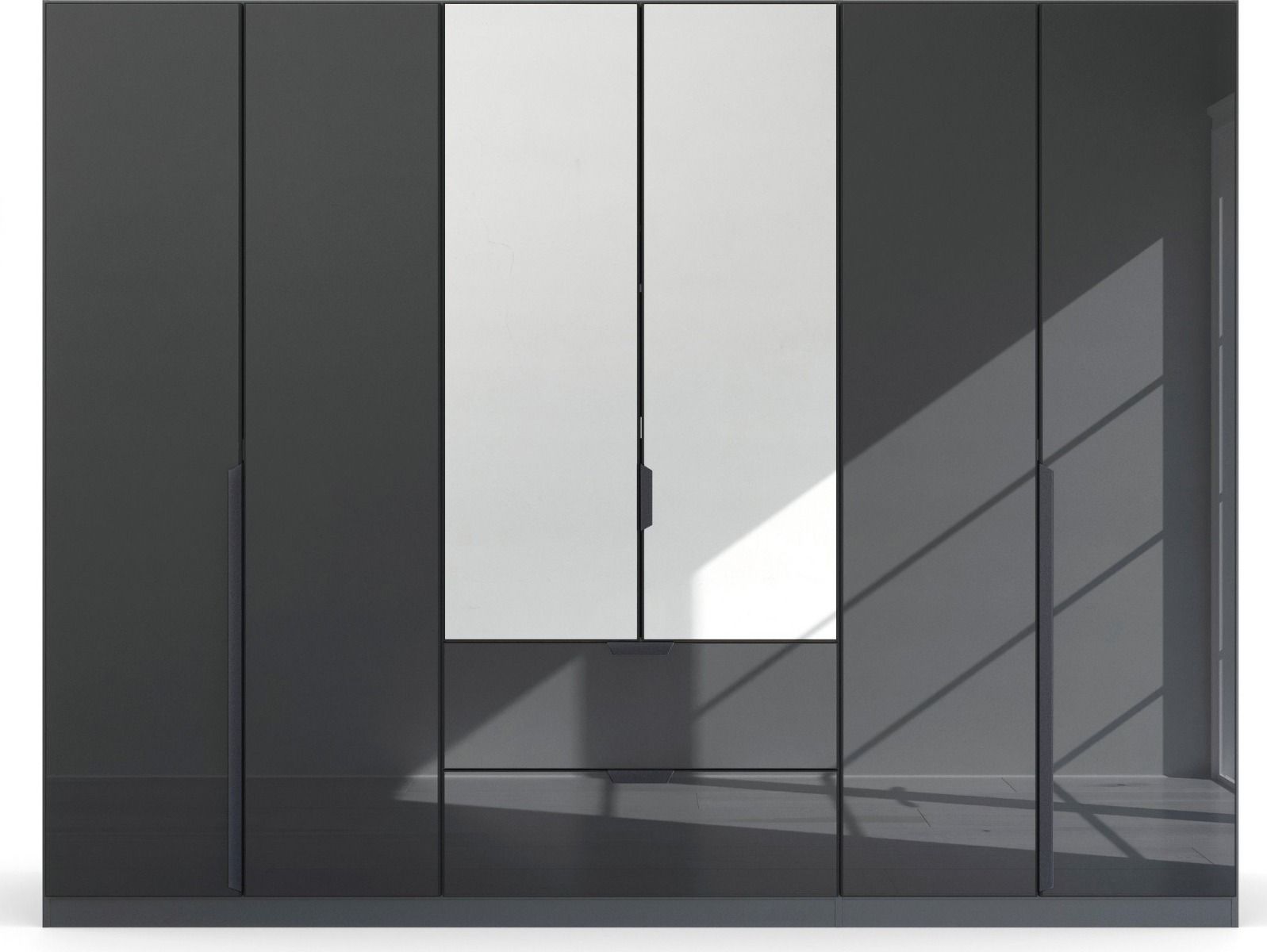 Oakwood Rauch Basalt Glass With Mirror Modern Quadra Spin 6 Door Combi 271CM Wardrobe