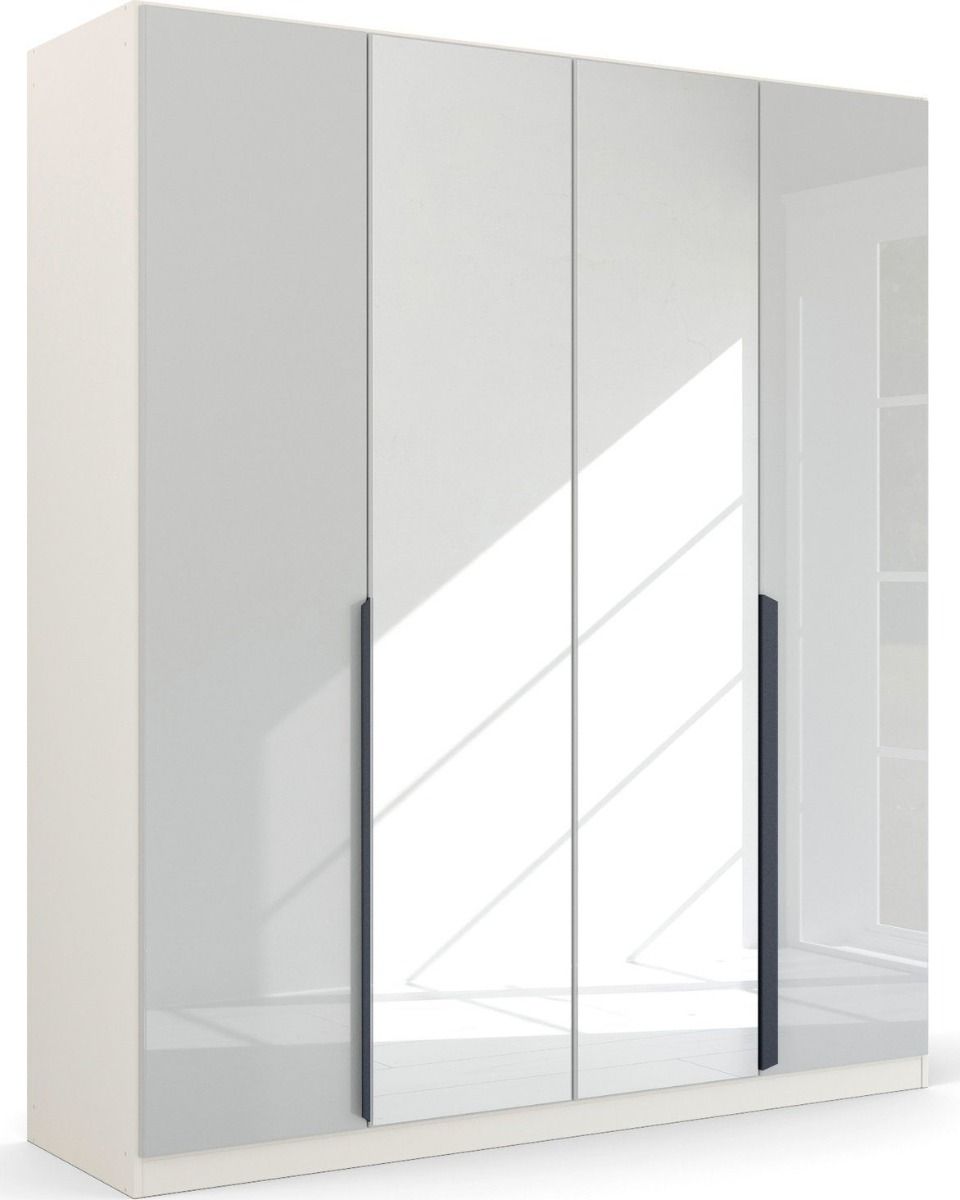 Oakwood Rauch White Glass With Mirror Modern Quadra Spin 4 Door Hinged 181CM Wardrobe