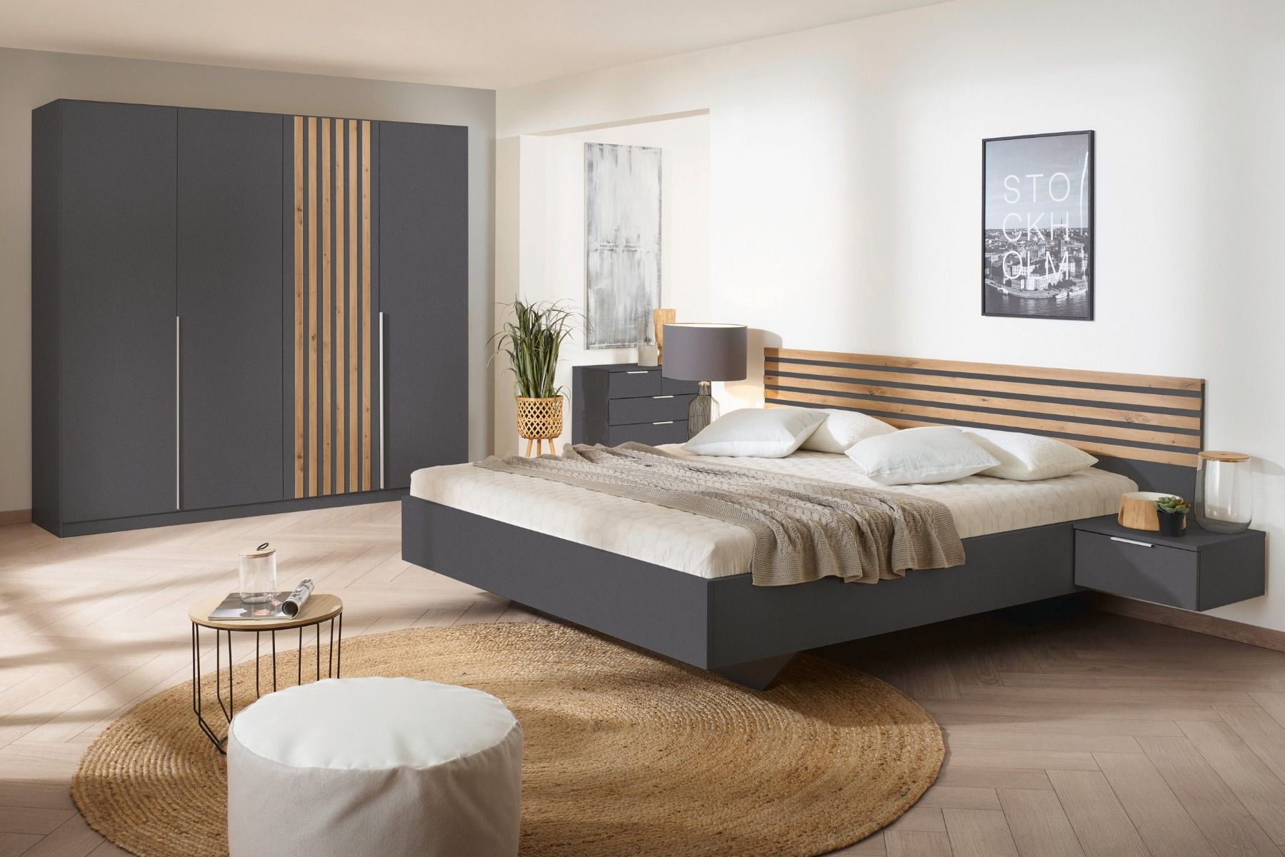 Oakwood Rauch Lamella Metallic Grey And Artisan Oak Hinged Door Wardrobe