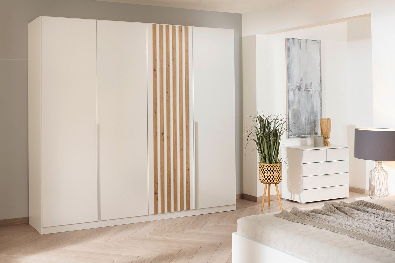 Oakwood Rauch Lamella Alpine White and Artisan Oak 4 Door Hinged Wardrobe