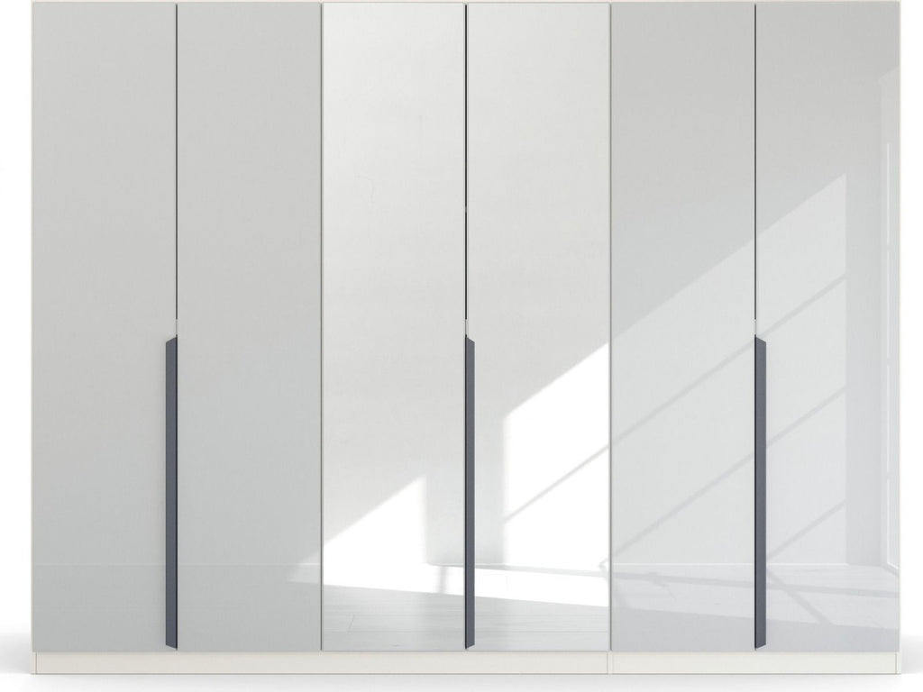 Oakwood Rauch White Glass With Mirror Modern Quadra Spin 6 Door Hinged 271CM Wardrobe