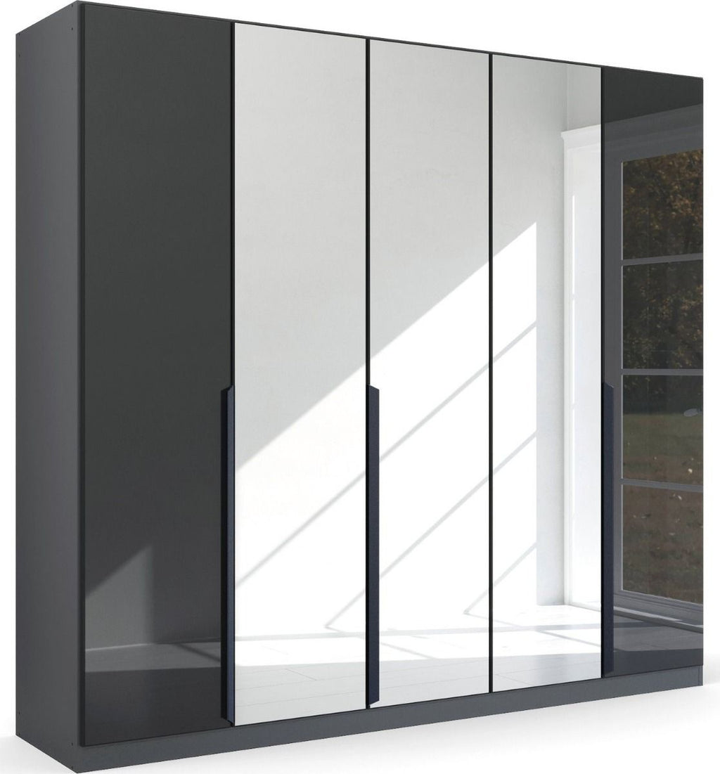 Oakwood Rauch Bassalt Glass With Mirror Modern Quadra Spin 5 Door Hinged 226CM Wardrobe