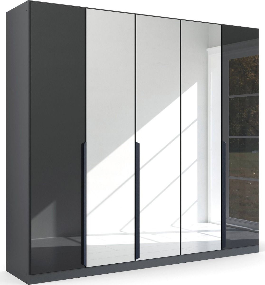 Oakwood Rauch Bassalt Glass With Mirror Modern Quadra Spin 5 Door Hinged 226CM Wardrobe