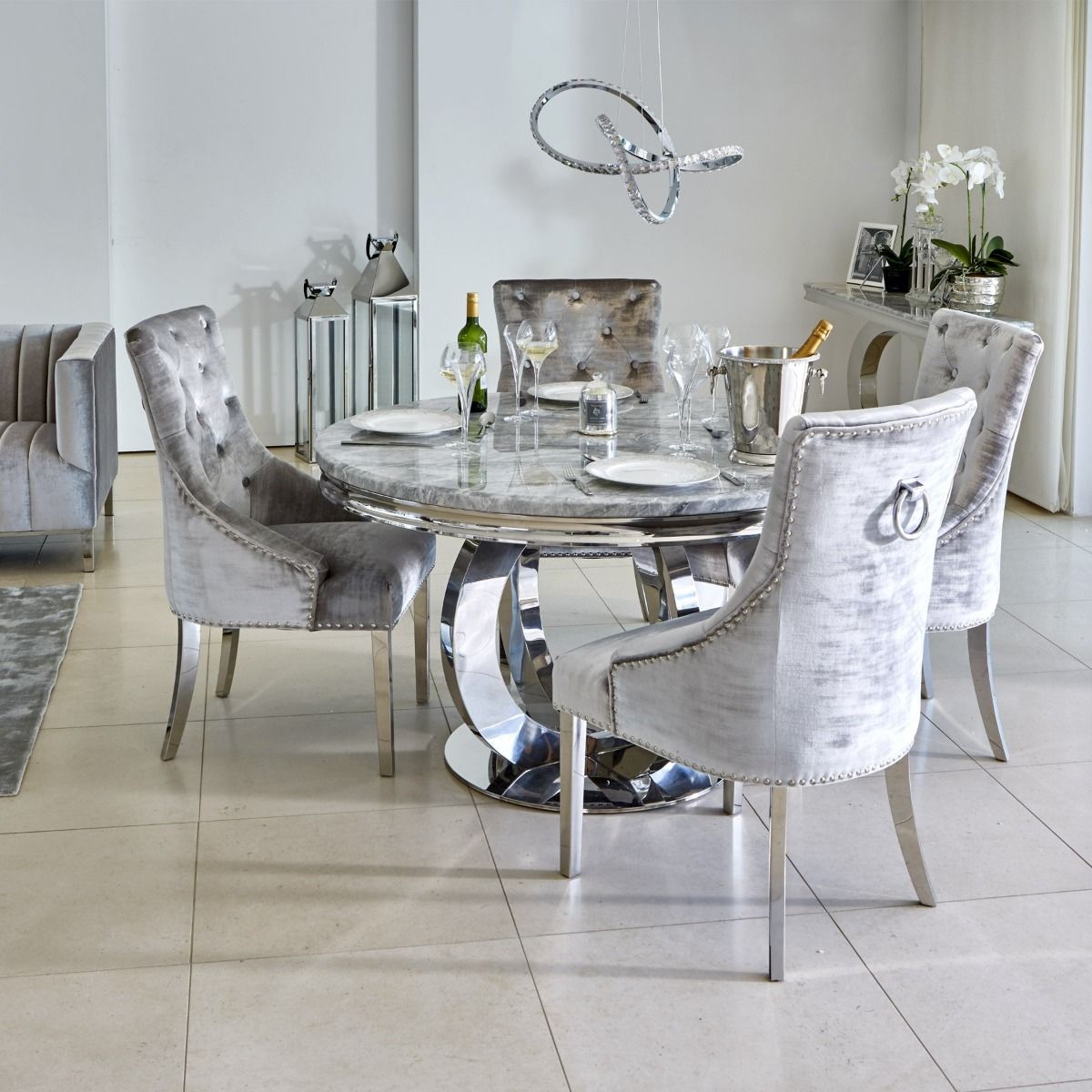 Oakwood Oracle 130cm Round Grey Marble Dining Table & 4 Knightsbridge Silvery Grey Ring Knocker Chairs