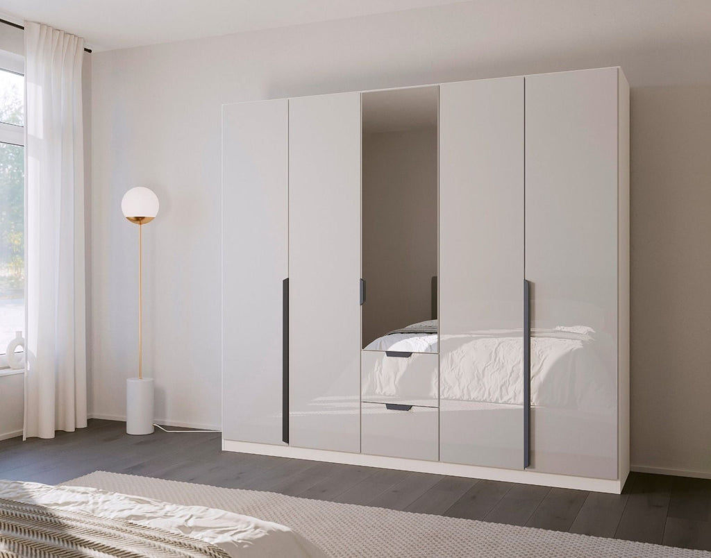 Oakwood Rauch White Glass With Mirror Modern Quadra Spin 5 Door Combi 226CM Wardrobe