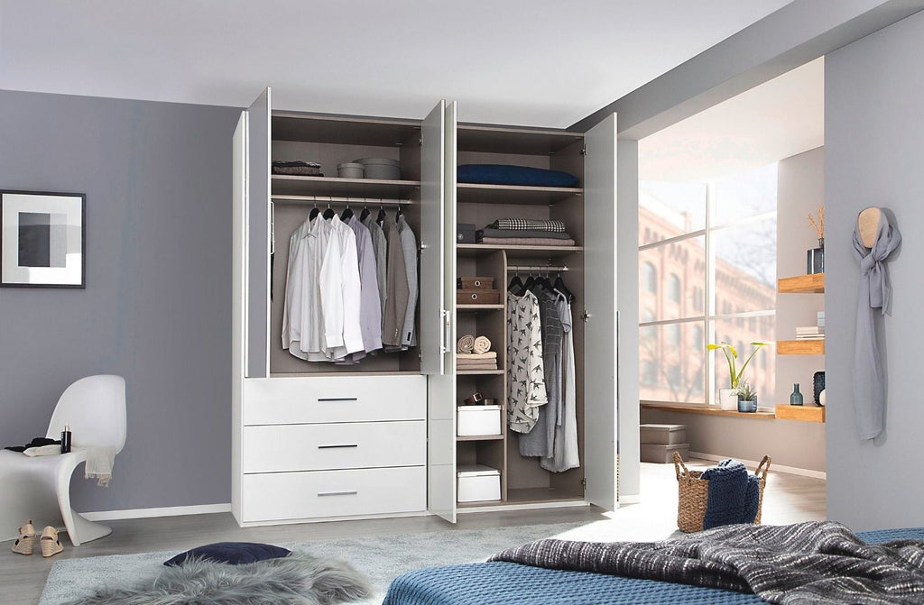 Oakwood Rauch Montclar 4 Door Hinged Combi High Gloss White Wardrobe with Premium Interior