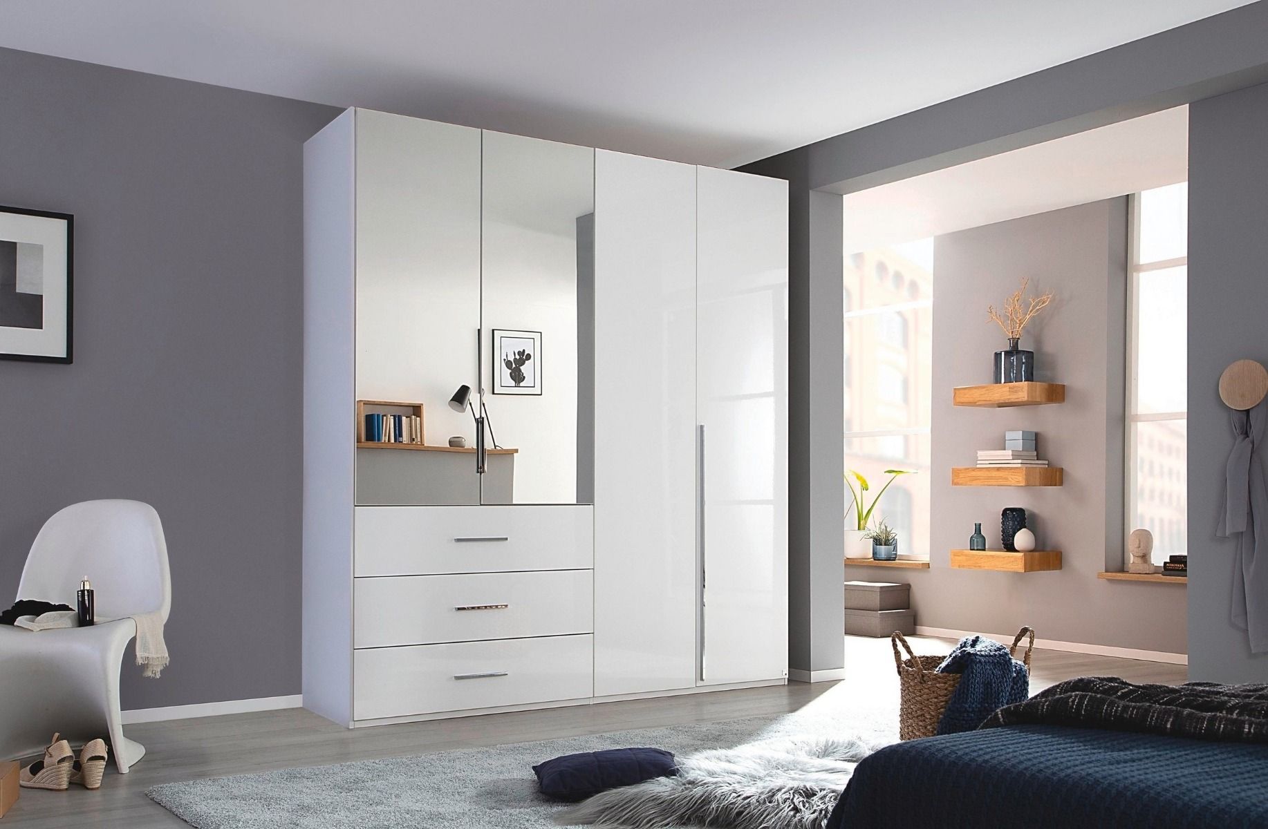 Oakwood Rauch Montclar 4 Door Hinged Combi High Gloss White Wardrobe with Premium Interior