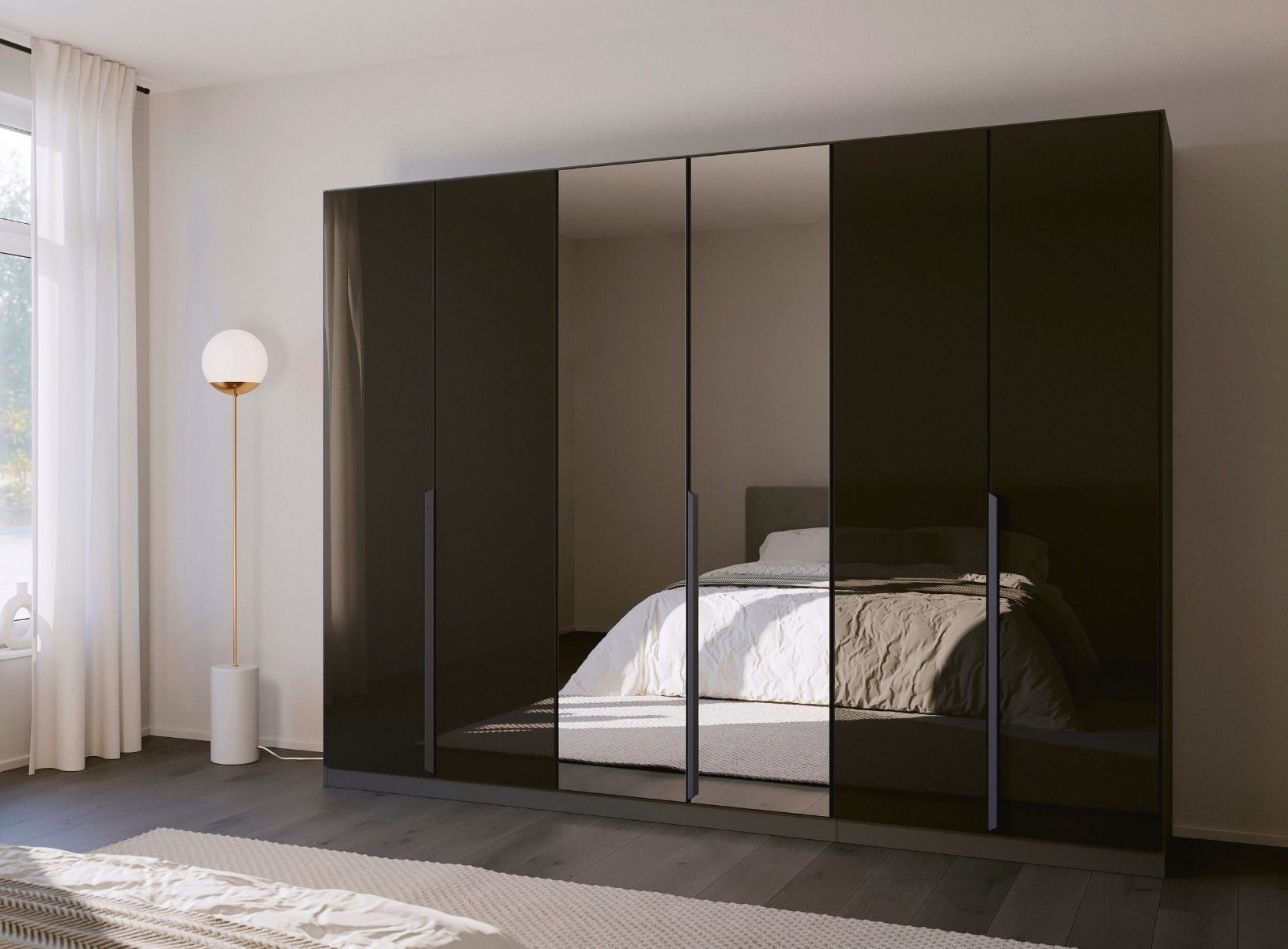 Oakwood Rauch Basalt Glass With Mirror Modern Quadra Spin 6 Door Hinged 271CM Wardrobe