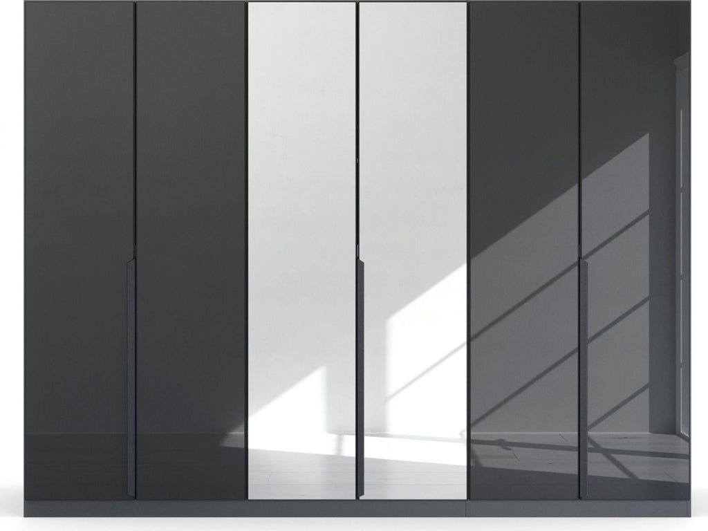 Oakwood Rauch Basalt Glass With Mirror Modern Quadra Spin 6 Door Hinged 271CM Wardrobe