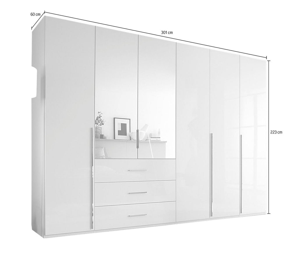Oakwood Rauch Montclar 6 Door Hinged Combi High Gloss White Wardrobe with Premium Interior