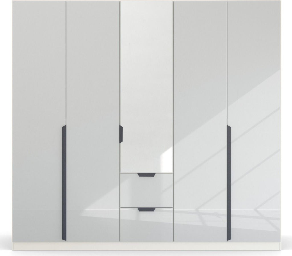 Oakwood Rauch White Glass With Mirror Modern Quadra Spin 5 Door Combi 226CM Wardrobe