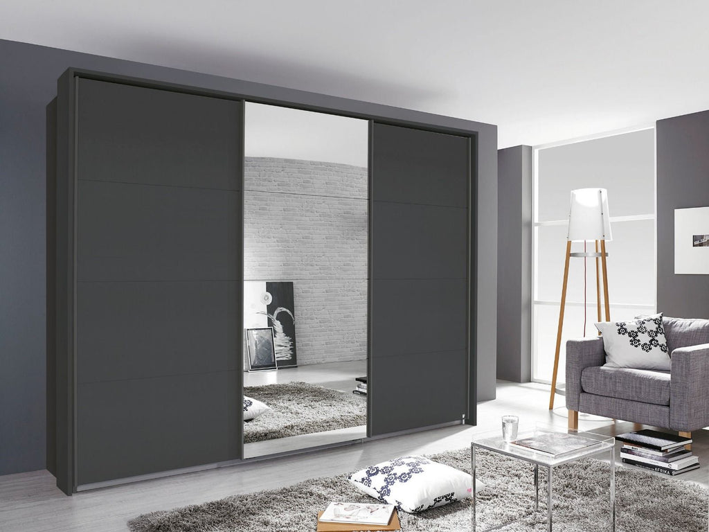 Oakwood Rauch Quadra 3 Sliding Door Wardrobe With Metallic Grey and Mirror Front 315CM