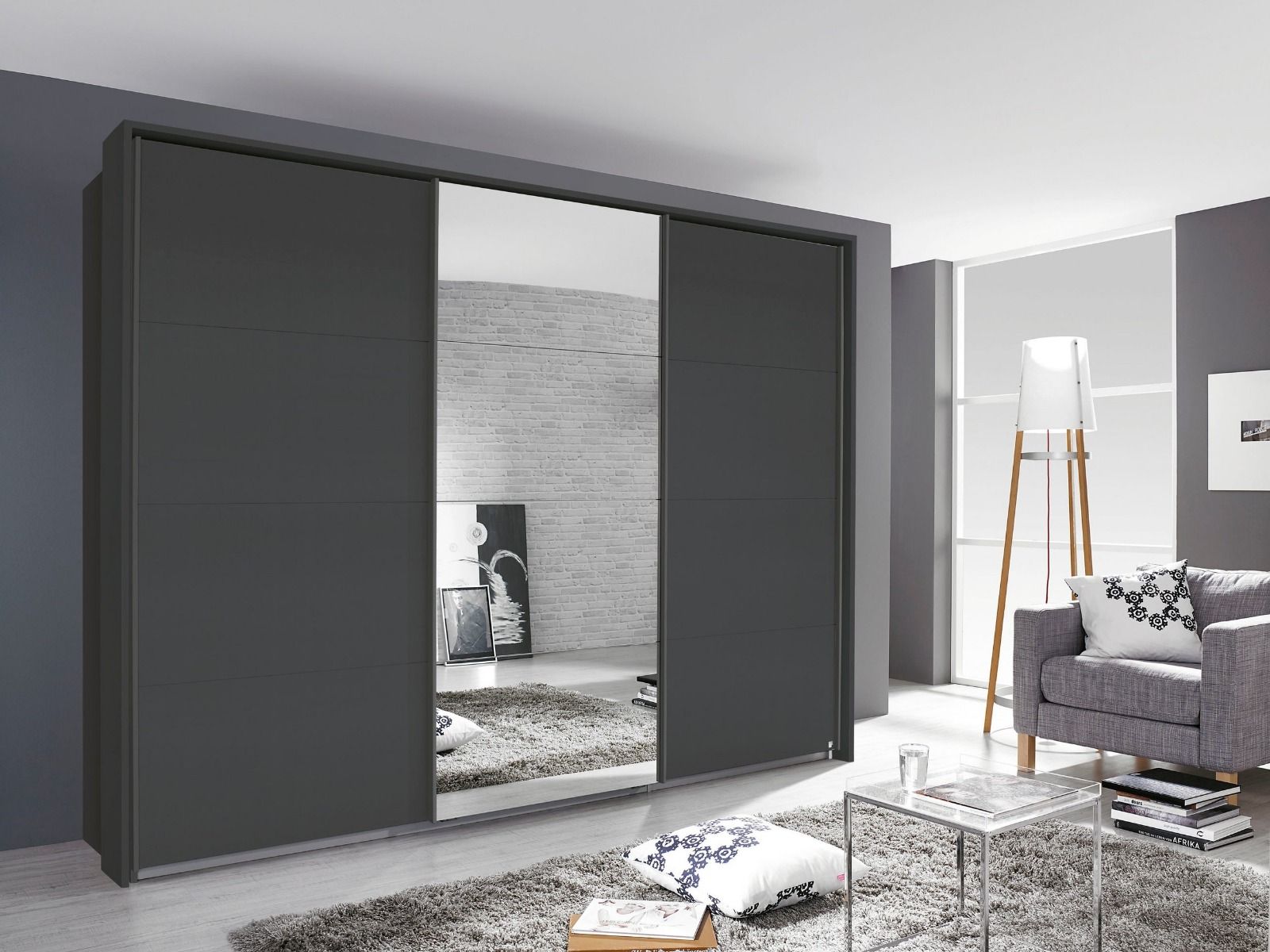 Oakwood Rauch Quadra 3 Sliding Door Wardrobe With Metallic Grey and Mirror Front 315CM