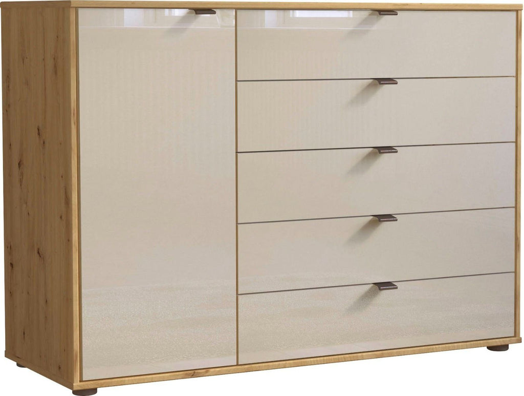 Oakwood Wiemann Quito Bianco Oak And Champagne Glass 1 Door 5 Drawer Combination Dresser