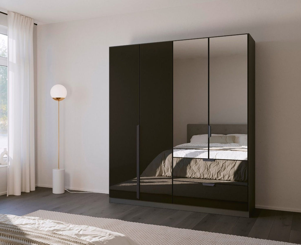 Oakwood Rauch Basalt Glass With Mirror Modern Quadra Spin 4 Door Combi 181CM Wardrobe