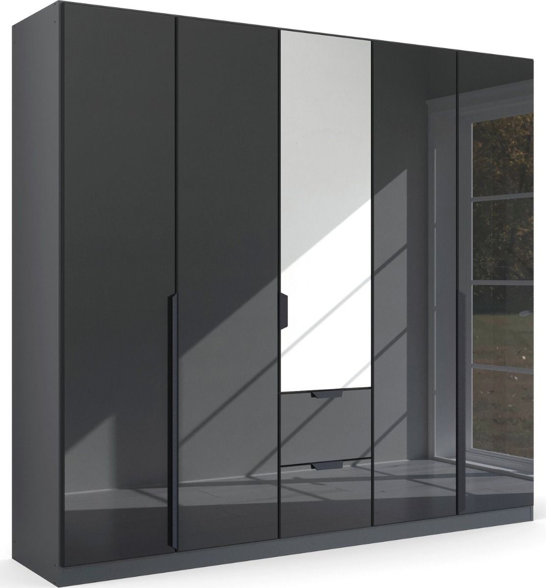 Oakwood Rauch Modern Quadra Spin Bassalt Glass With Mirror 5 Door Combi 226CM Wardrobe