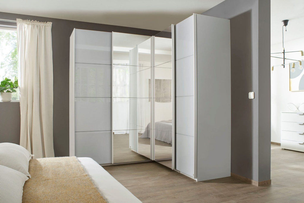 Oakwood Rauch Luma 181cm 4 Door Corner Sliding Wardrobe with 2 Glass Doors and 2 Mirror Doors