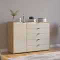 Oakwood Wiemann Quito Bianco Oak And Champagne Glass 1 Door 5 Drawer Combination Dresser