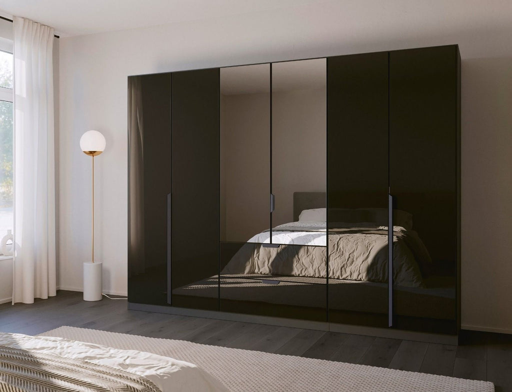 Oakwood Rauch Basalt Glass With Mirror Modern Quadra Spin 6 Door Combi 271CM Wardrobe