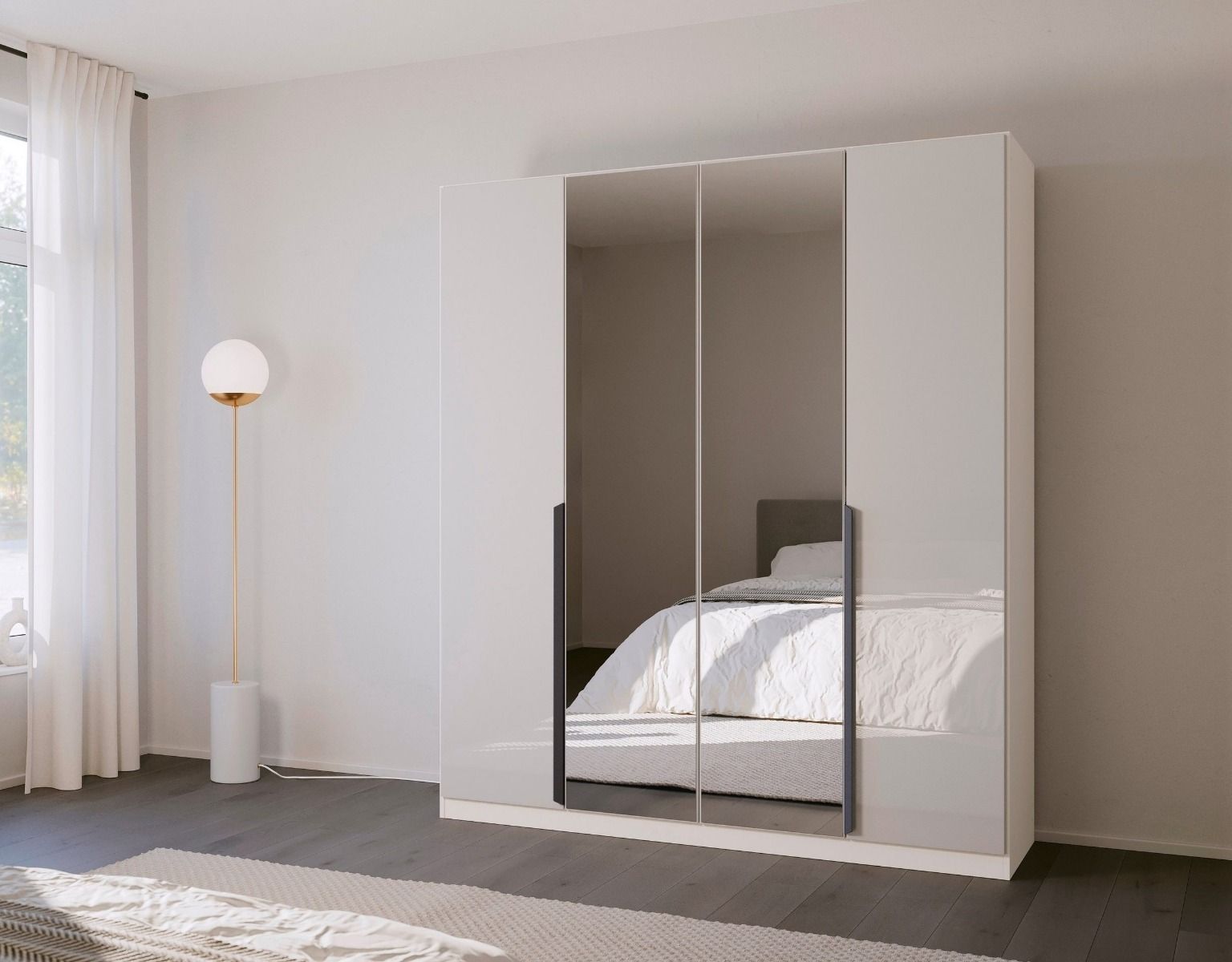 Oakwood Rauch White Glass With Mirror Modern Quadra Spin 4 Door Hinged 181CM Wardrobe