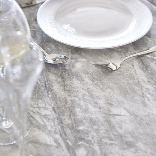 Oakwood Oracle 130cm Round Grey Marble Dining Table & 4 Lewis Silvery Grey Lion Knocker Chairs