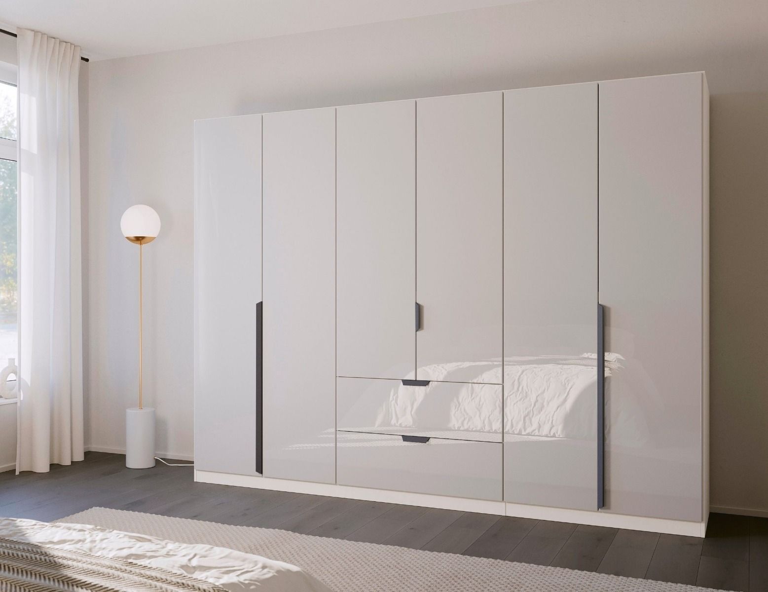 Oakwood Rauch White Glass  Modern Quadra Spin 6 Door Combi 271CM Wardrobe