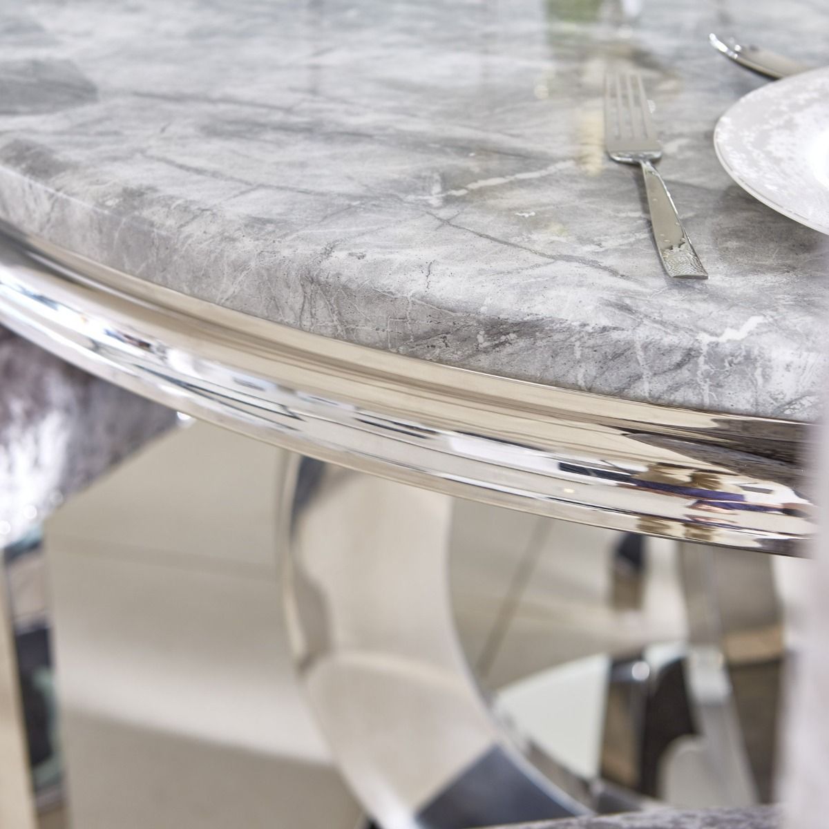 Oakwood Oracle 130cm Round Grey Marble Dining Table & 4 Lewis Silvery Grey Lion Knocker Chairs
