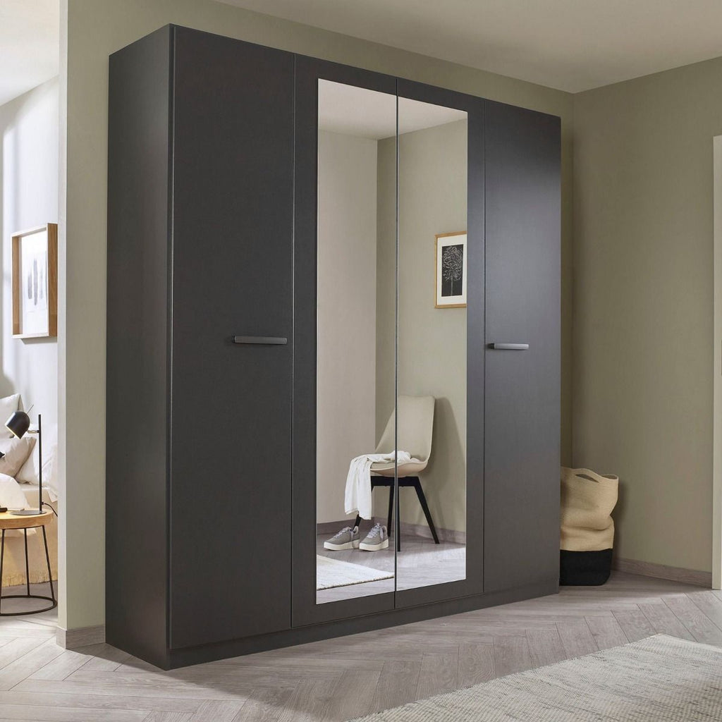 Oakwood Rauch Modi Metallic Grey and Mirror Front 4 Door Hinged Wardrobe