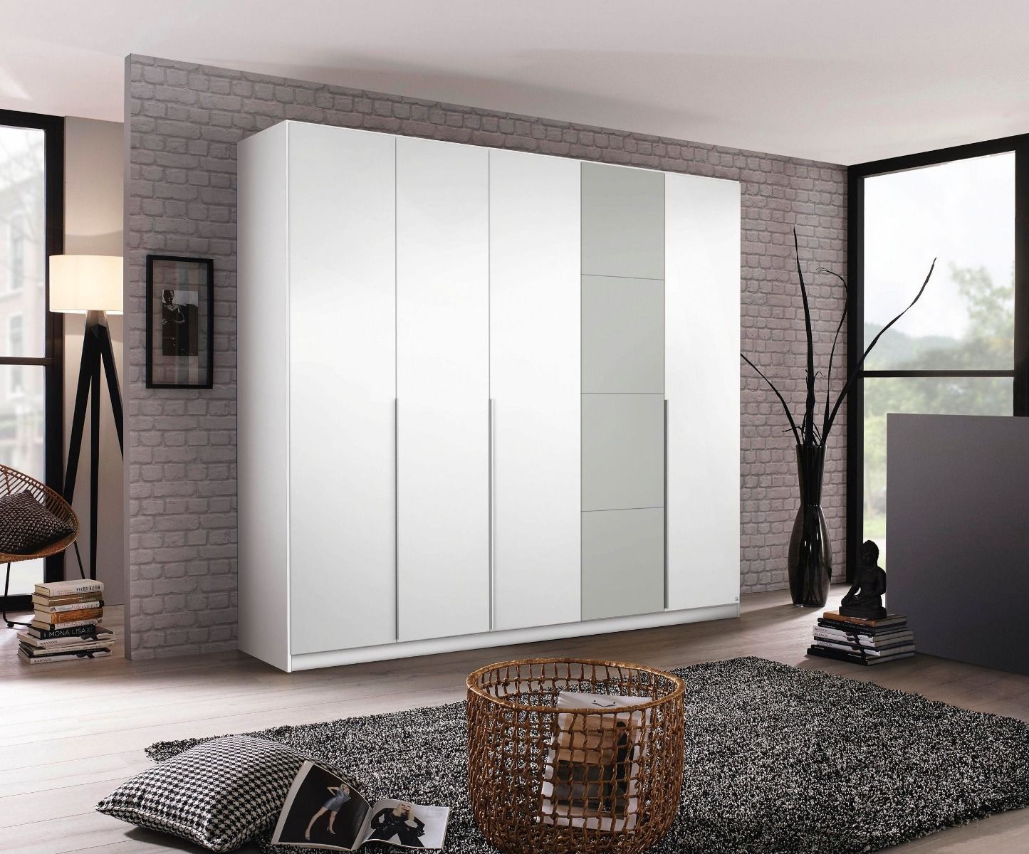 Oakwood Rauch Bellezza High Gloss White and Grey 5 Door Hinged wardrobe