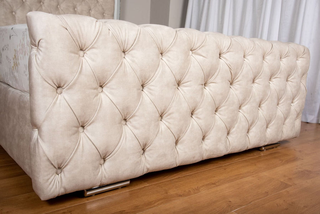 Oakwood Glaze Mirror and Velvet Fabric Upholstered Bed Frame