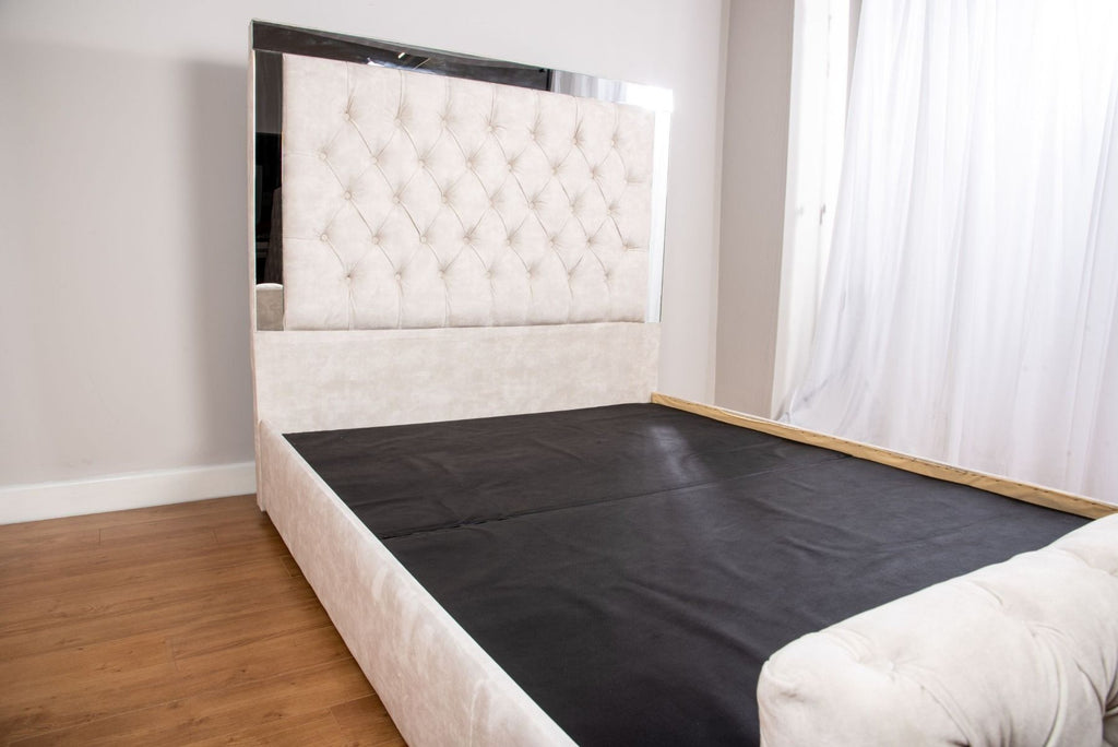 Oakwood Glaze Mirror and Velvet Fabric Upholstered Bed Frame