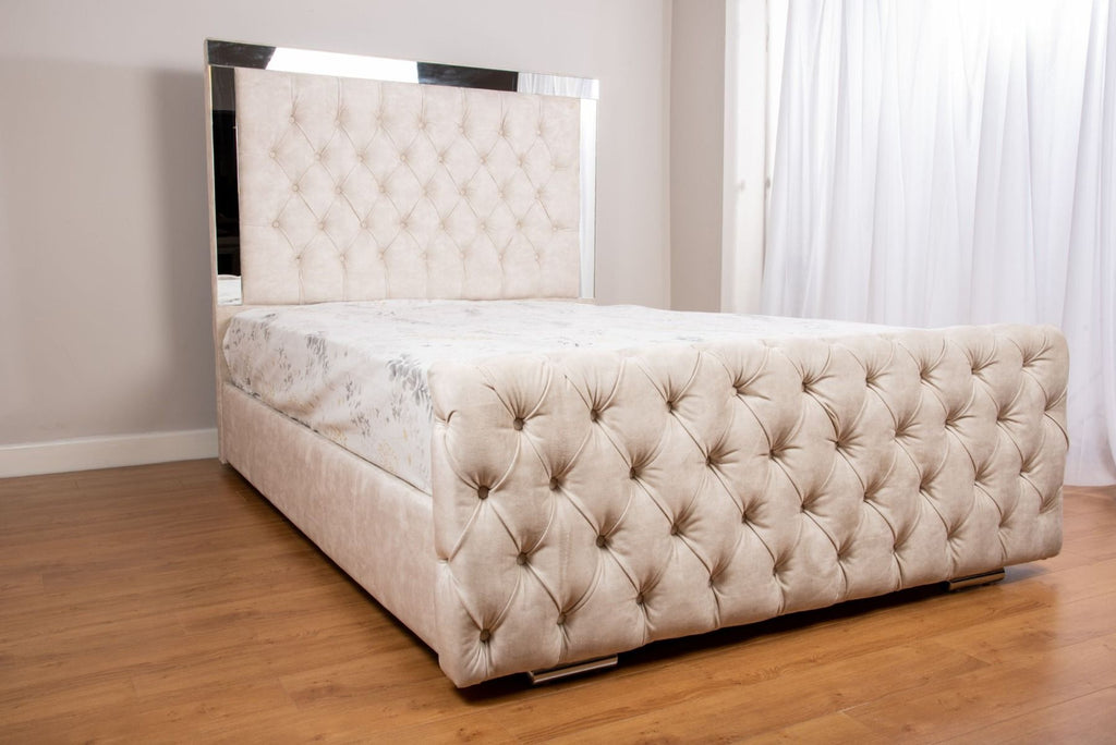 Oakwood Glaze Mirror and Velvet Fabric Upholstered Bed Frame