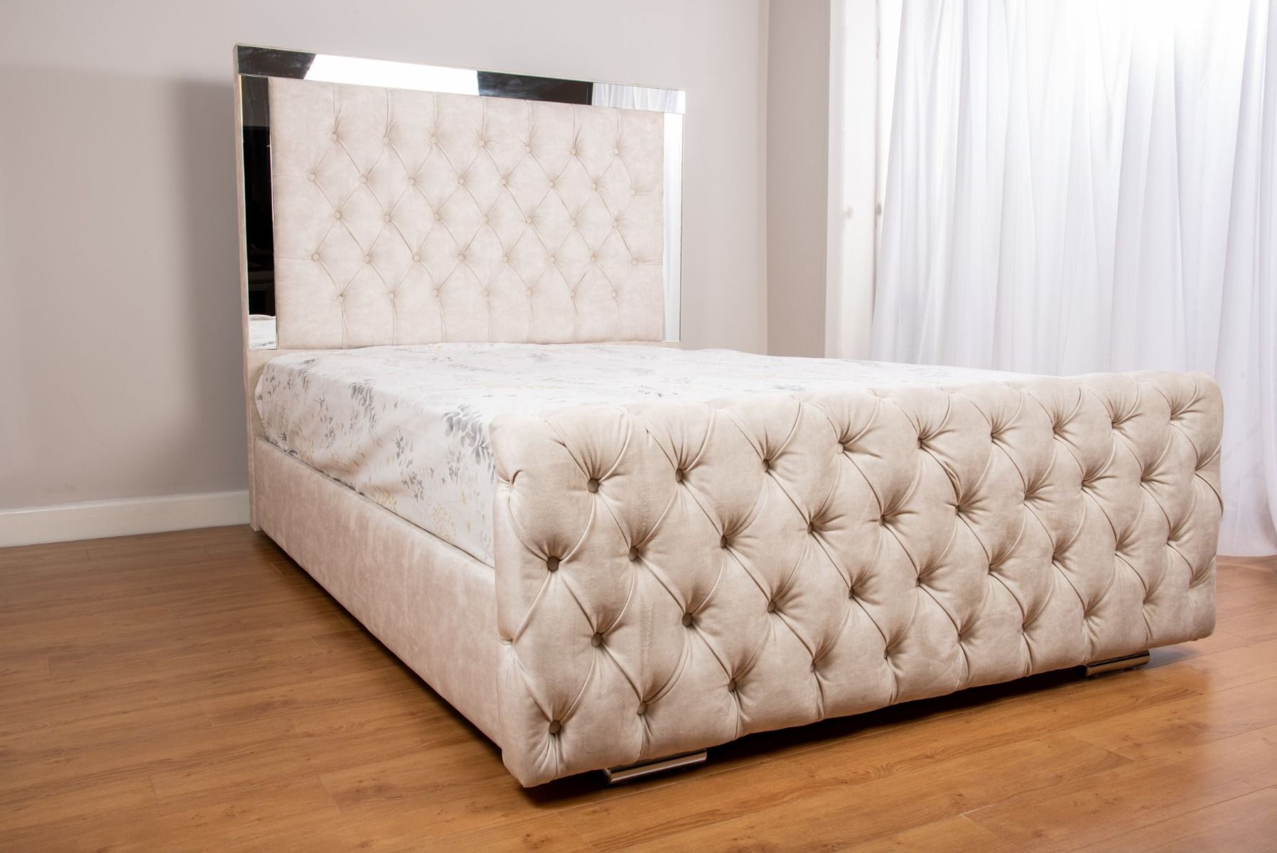 Oakwood Glaze Mirror and Velvet Fabric Upholstered Bed Frame